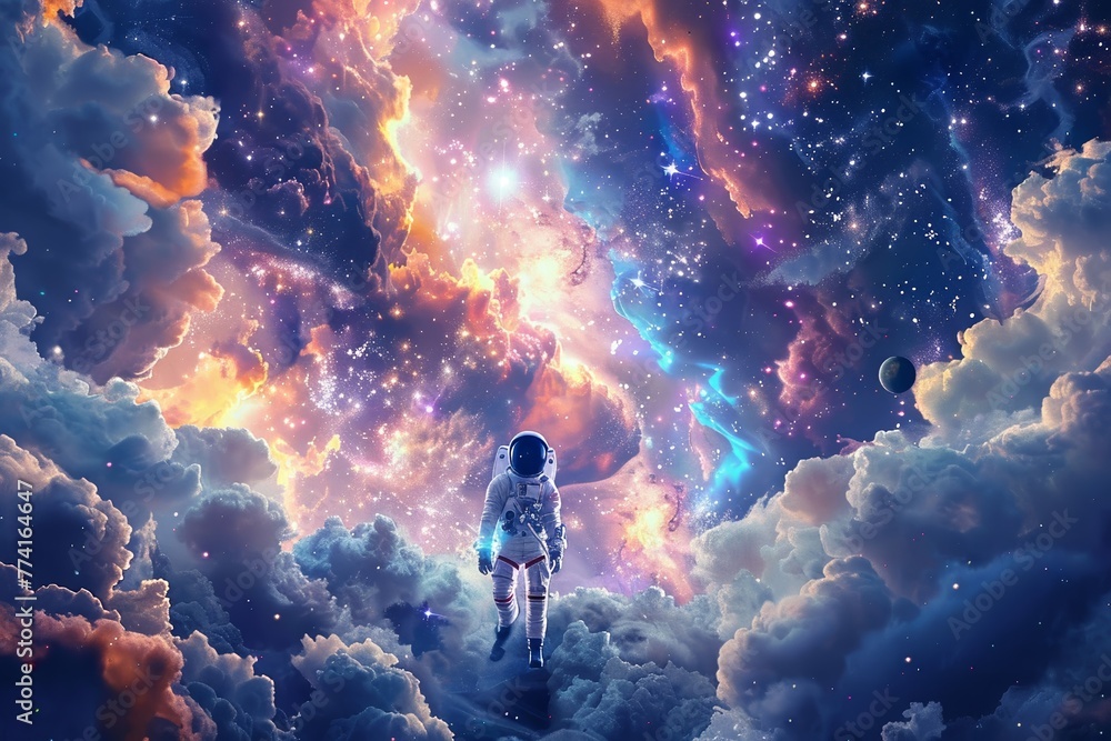Generate a captivating visual of a spacewalk where astronauts explore the vast unknown surrounded by colorful cosmic clouds - obrazy, fototapety, plakaty 