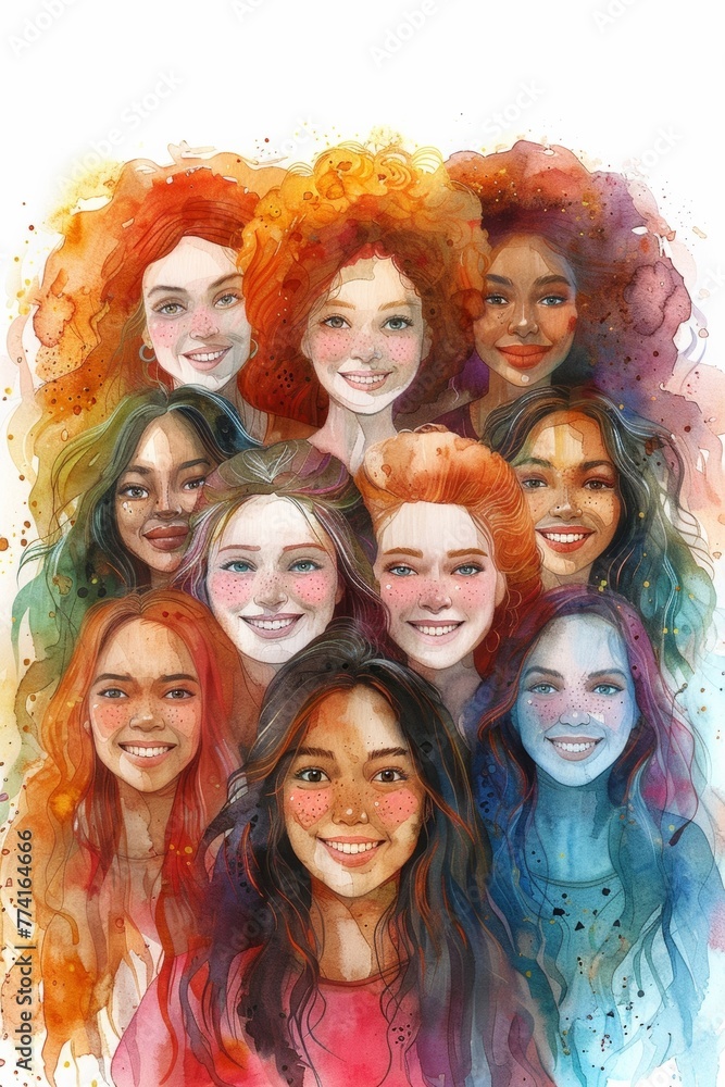 A diverse group of young women happily posing together, showing unity and positivity, in a vibrant watercolor design on a plain white backdrop, symbolizing the beauty of diversity.