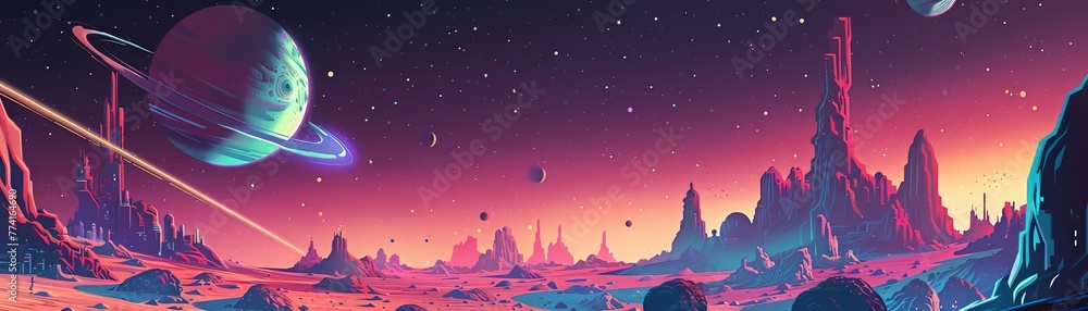 Illustrate a journey through uncharted territories in a cosmic setting, highlighting the theme of exploration Illustrate a journey through uncharted territories in a cosmic setting, highlighting the theme of exploration