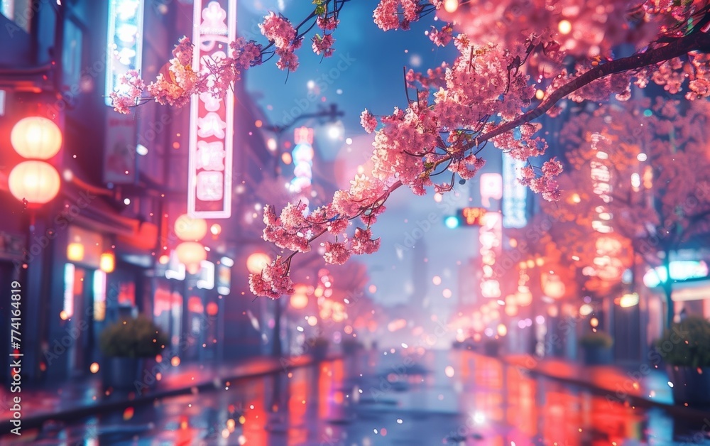 The cherry blossom festival took place in a modern metropolis filled with glowing neon lights and advanced technology.