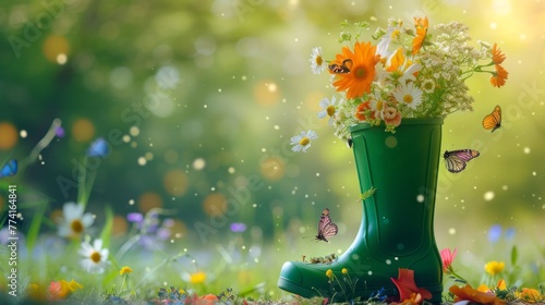 green rubber boot with spring flowers inside and butterflies around on blurred nature spring background, concept of the arrival and celebration of spring, banner with copyspace