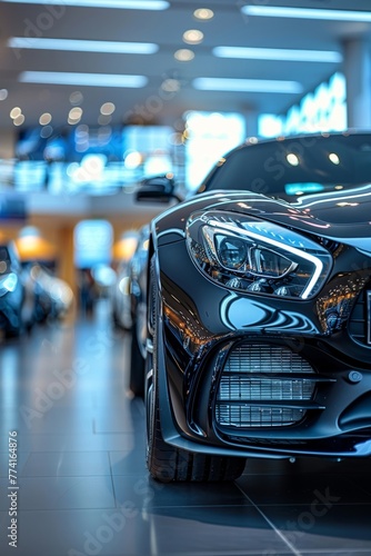 A brand-new sleek black vehicle on display at a high-end showroom. The dealership showcases the latest models for sale or rental services, with a focus on automobile leasing and insurance offerings. © tonstock
