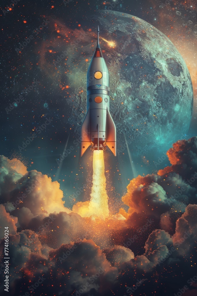 Fototapeta premium Bitcoin is surging in value, with the BTC launch heading towards the stars with a rocket visual.