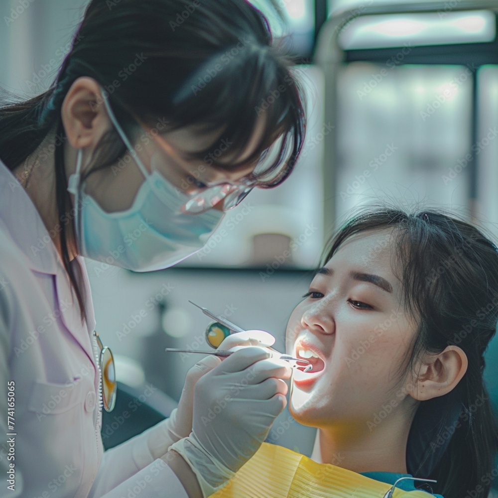 Dentist is examining the teeth of a young patient in the dental examination room. Dentist is examining the teeth of a young patient in the dental examination room.