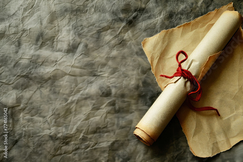  A vintage parchment scroll with a red ribbon on crumpled paper photo