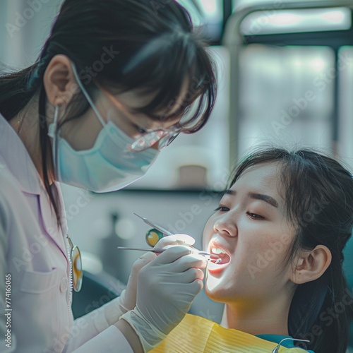 Dentist is examining the teeth of a young patient in the dental examination room.