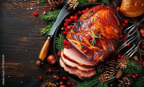 Top view of a festive Christmas ham with utensils and decoration on a rustic background, Generative AI  photo