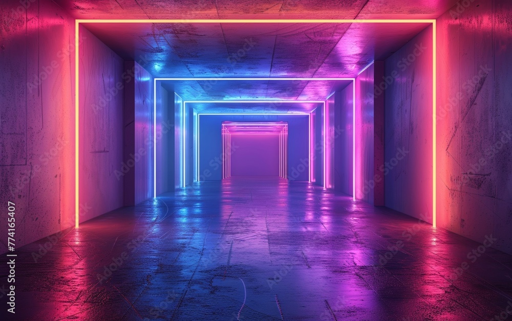 Vibrant neon lights illuminate the futuristic stage, creating a colorful geometric display. The empty room pulses with energy, setting the scene for a dynamic laser show.