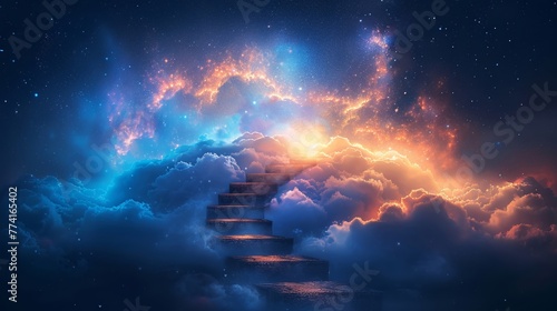 Surreal depiction of a spiral stairway disappearing into a celestial realm, symbolizing the exploration of uncharted territories of the mind photo