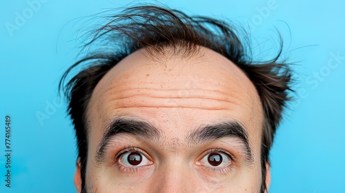 Detailed shot captures male baldness up close, highlighting the thinning or absence of hair photo