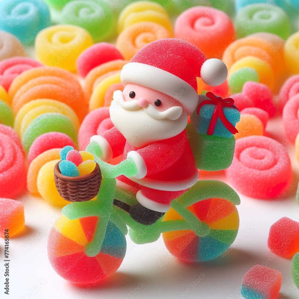 a cute santa riding a bicyle made of pastel color rainbow gummy candy on a white background