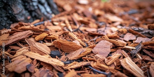 Recycled wood chips from tree bark mulching and enriching soil in sustainable farming, Generative AI  photo