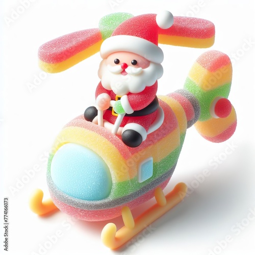 a cute santa shipper riding a helicopter made of pastel color rainbow gummy candy on a white background