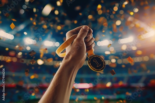 Close-up of an athlete's hand holding a ribbon with a hanging gold medal for first place, against the background of a sports stadium and falling shiny confetti, during the victory celebration photo
