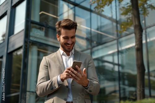 A smiling man in a business suit holding a phone, a businessman stands against the background of a glass building © Vadim