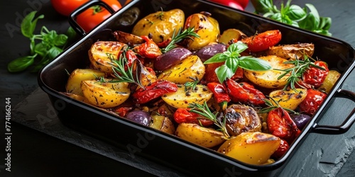 Seasonal vegan meal with rustic oven baked vegetables in a black dish on a gray stone background including potatoes tomatoes and peppers, Generative AI  photo