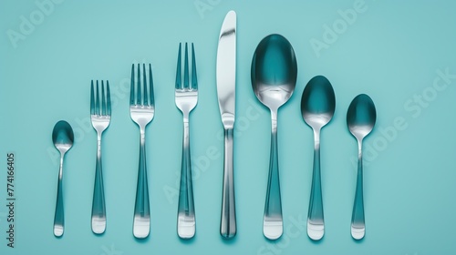 A minimalist arrangement of silverware on a pristine solid color tabletop photo
