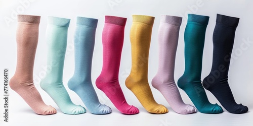 Compression hosiery for varicose veins and venous therapy including medical stockings socks and sleeves as well as clinical knits and sports socks on white, Generative AI 