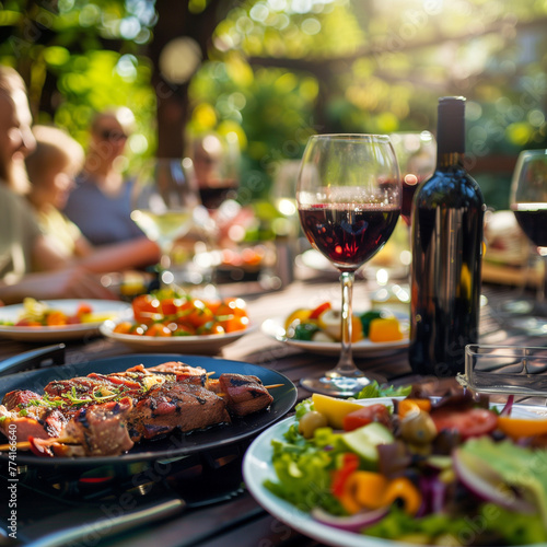 Backyard lunch table have a tasty grilled BBQ meat, Salads and wine with happy joyful people on background.