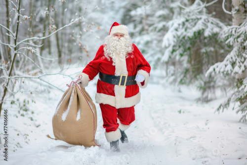 A cheerful Santa Claus walking through a snowy forest carrying a large sack of presents