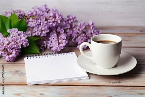 generated illustration of notepad, pencils, lilac flower and a cup of coffee on a wooden desk
