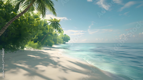 A beautiful tranquil beach scene with palm trees and a calm ocean