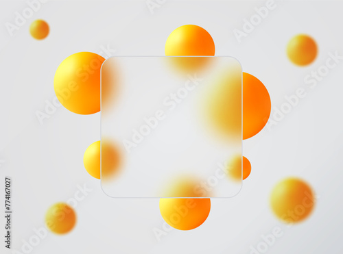 Glass morphism landing page with square frame. Vector illustration with blurry floating spheres.