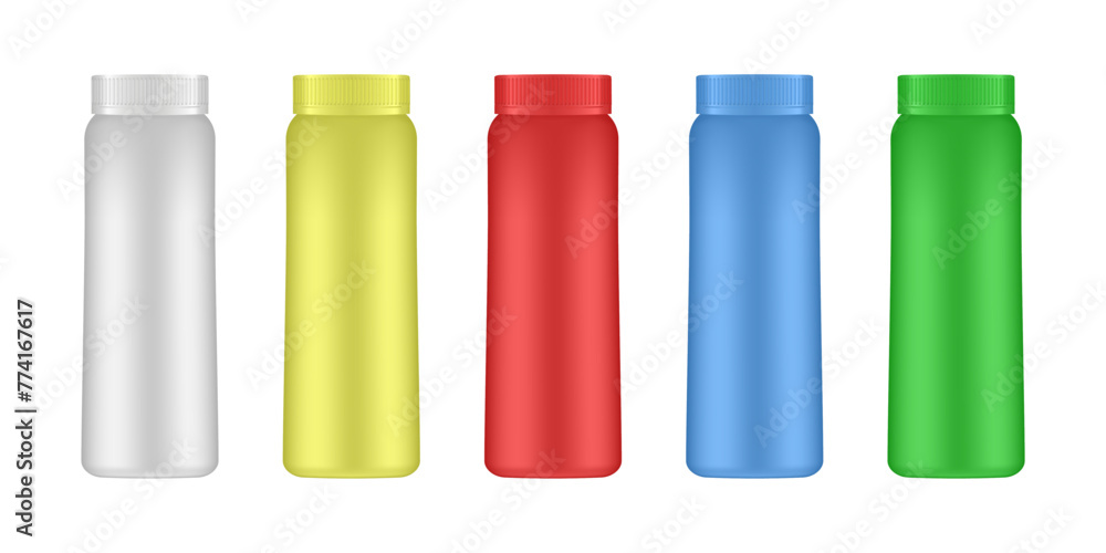 Milk, juice or shampoo bottles. Set of plastic bottle mockup. Food, cosmetic or detergent container. 3d vector. White, yellow, red , blue and green Milk, juice or shampoo bottles. Set of plastic bottle mockup. Food, cosmetic or detergent container. 3d vector. White, yellow, red , blue and green