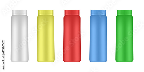 Milk, juice or shampoo bottles. Set of plastic bottle mockup. Food, cosmetic or detergent container. 3d vector. White, yellow, red , blue and green