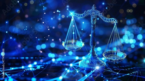 high tech blue Digital justice scale surrounded by digital data on blue bokeh background , representing the role of AI in business justice. 