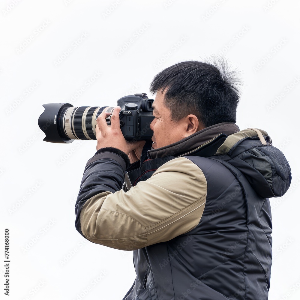 A Chinese photographer, camera slung over shoulder, looking into the distance, envisioning the perfect shot, on a white background. A Chinese photographer, camera slung over shoulder, looking into the distance, envisioning the perfect shot, on a white background.