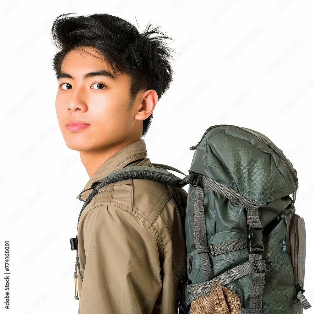 A Chinese young man, with a backpack, looking over his shoulder, ready for adventure, on a white background. A Chinese young man, with a backpack, looking over his shoulder, ready for adventure, on a white background.