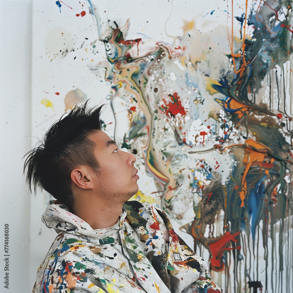 Fototapeta premium A Chinese painter, in a paint-splattered smock, gazing at an unseen canvas, visualizing their next stroke