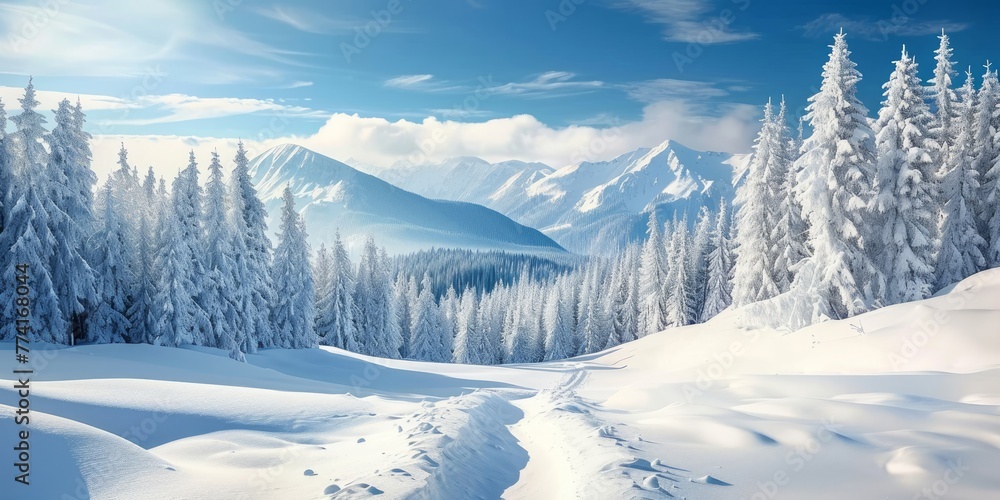 In winter, the snowy white landscape provides a stunning backdrop for outdoor sports mountains, where the sky meets the towering trees of the forest, creating a breathtaking nature, Generative AI