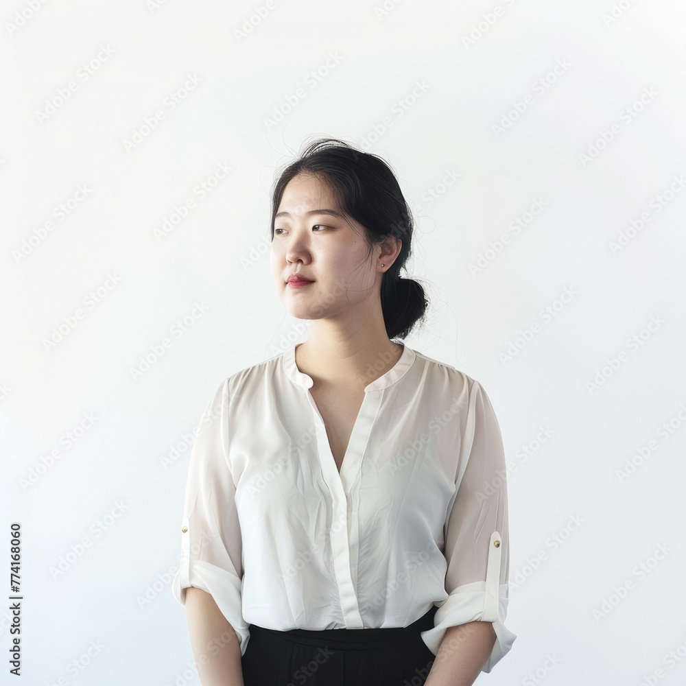 A South Korean woman, standing with a subtle smile, arms by her side, embodying grace, on a white background. A South Korean woman, standing with a subtle smile, arms by her side, embodying grace, on a white background.