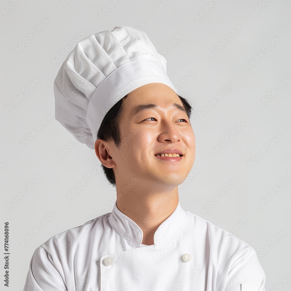 A South Korean chef, in chef whites, smiling gently, dreaming of new recipes A South Korean chef, in chef whites, smiling gently, dreaming of new recipes