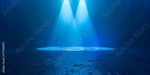 Abstract blue spotlight shining on an empty stage at a music festival creating a vibrant atmosphere. Concept Music Festivals, Stage Lighting, Abstract Photography, Vibrant Atmosphere, Empty Stage © Anastasiia
