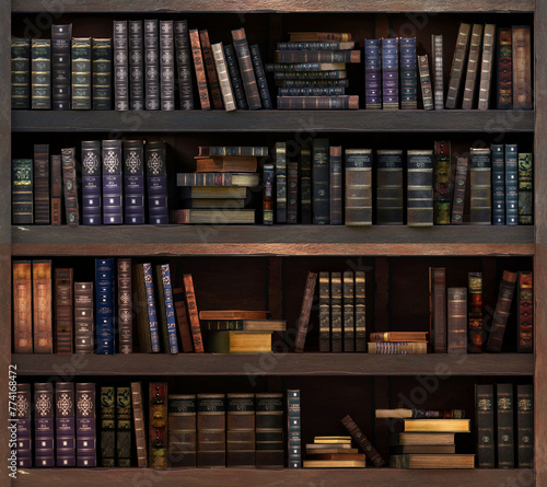 Library shelves with stack of old books. 3D render illustration.