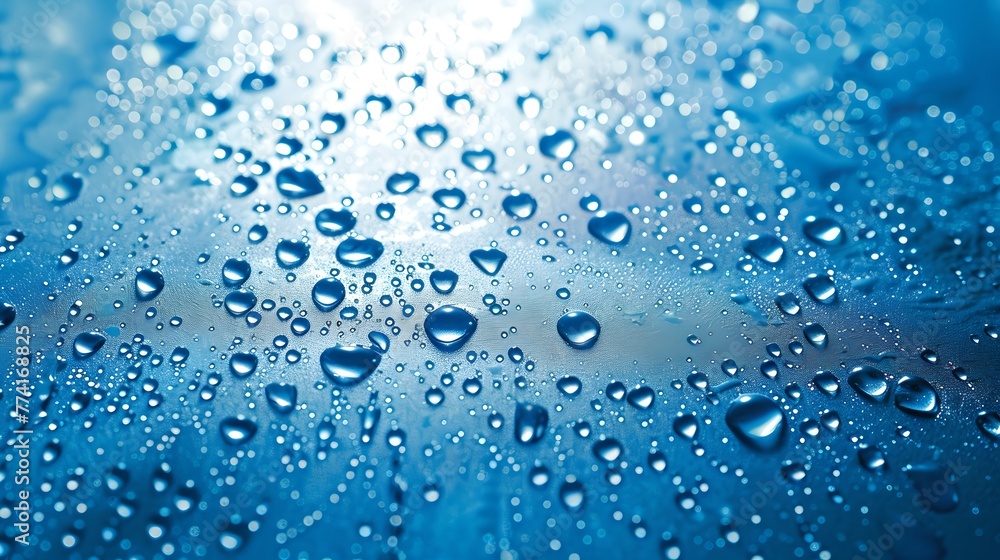 Close-up of Refreshing Water Droplets on a Blue Surface. Perfect for Backgrounds and Texture Details in Designs. AI