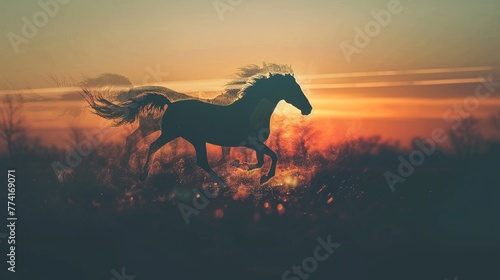 Running horse silhouette, wild prairie landscape inside, double exposure, warm sunset hues, freedom theme © HADAPI