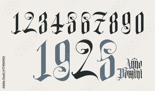 Arabic numerals from 0 to 9 from a Gothic style font. Latin phrase From the Nativity of Christ.