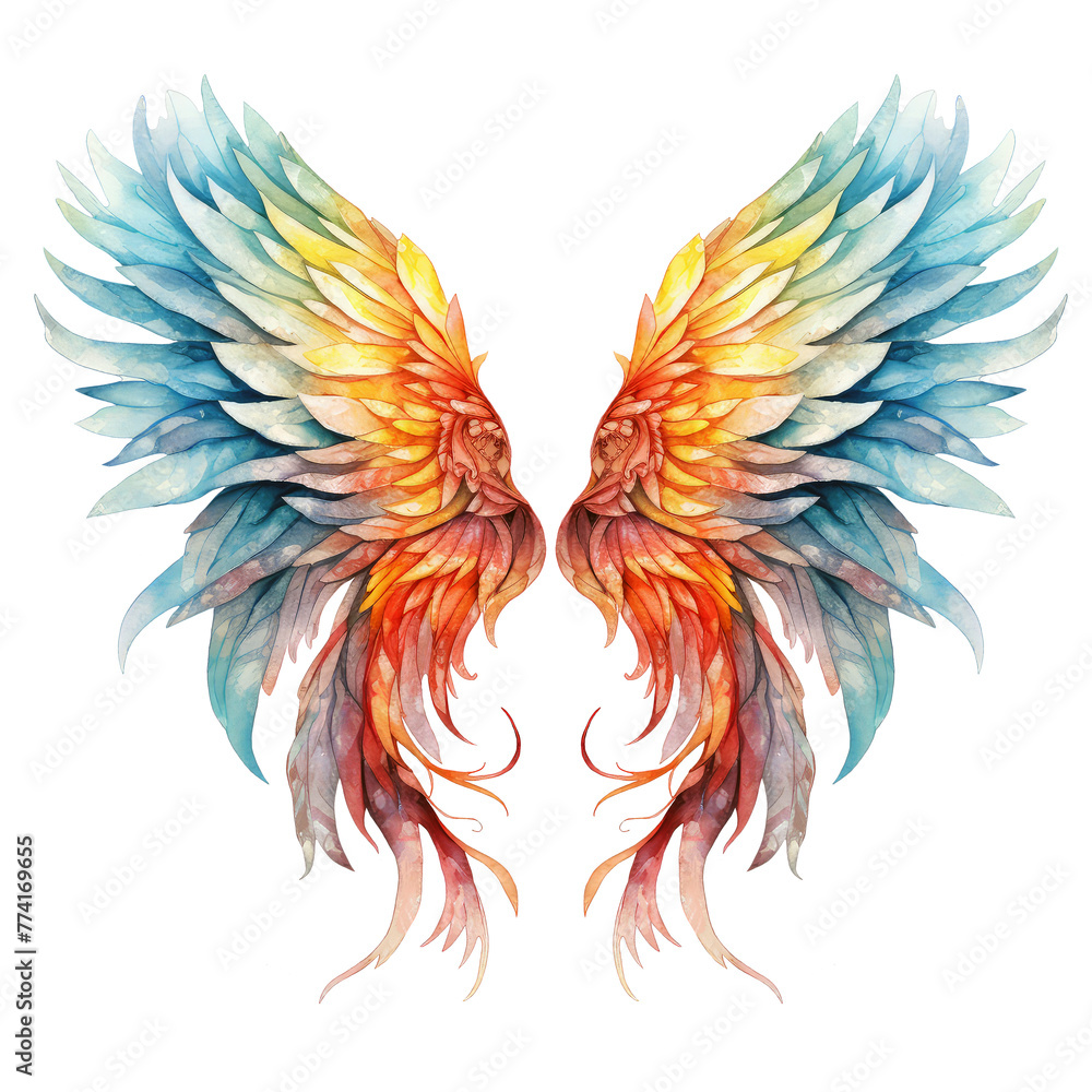 Fototapeta premium Watercolor angels wing Bright colors wings colorful illustration. Feather wings art tribal element