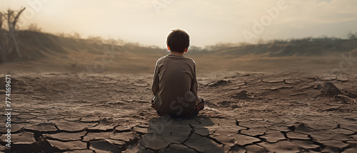 Boy sits sadly and hopeless on the dry, cracked earth. photo