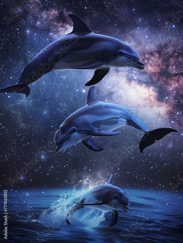 Dolphins leaping into the air  galaxy backdrop  night  vibrant  surreal interaction   high detailed   graphic design