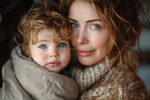 Mother with blue eyes embracing her blue-eyed child, both wearing warm winter clothing