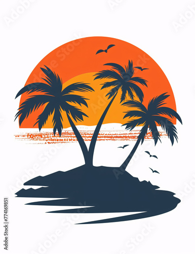 Sunset at the beach with palms trees silhouette. Vintage vector style. © Got Pink?