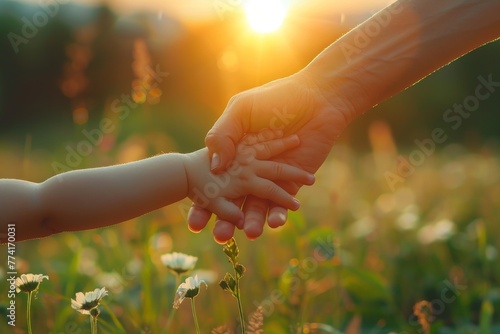 A warm sunset illuminates the caring moment between a child and adult holding hands amidst daisies photo