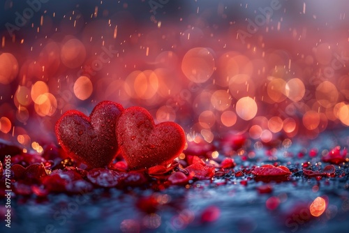 Romantic scene with two wet hearts surrounded by red glitter in a bokeh background suggesting a rainy ambiance