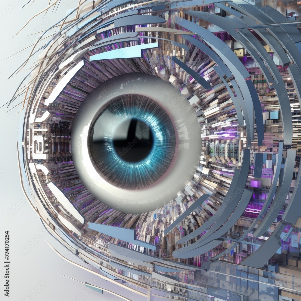 The Binary alphabet intricately woven into a surrealistic representation of an eye enhanced by futuristic digital effects