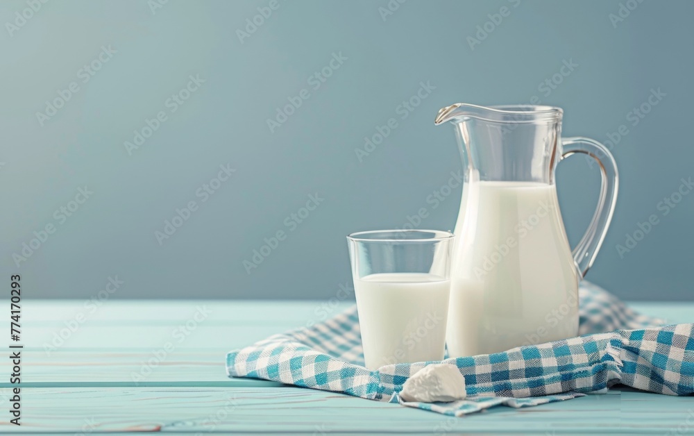 A serene image of a glass and jug of milk on a blue wooden table, with a softly draped checkered napkin. A serene image of a glass and jug of milk on a blue wooden table, with a softly draped checkered napkin.